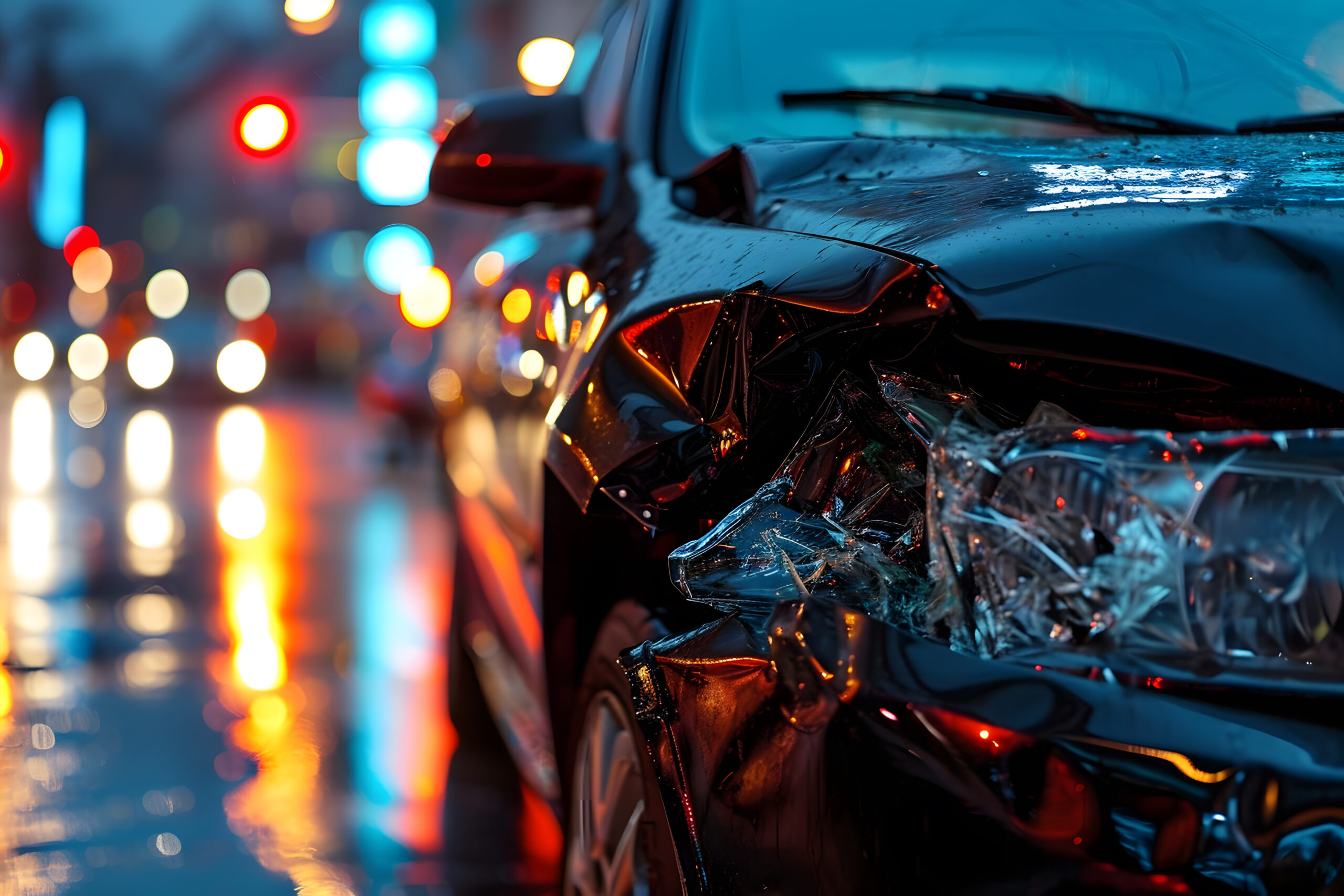 A close-up of the front of a black car with significant damage to its right headlight and fender. The scene, resembling an auto draft gone wrong, is at night on a wet street with blurred lights and traffic in the background, reflecting on the road surface.